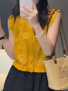 Shalldoer | French V-neck Embroidered Sequin Sleeveless Tank Top Women Summer New Style Small Shirt Elegant Casual Fashion Pure Color