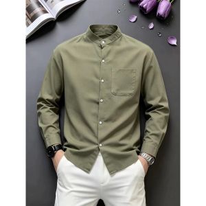 ZHUOCAN | Stylish Lightweight Breathable Ice Silk Long Sleeve Stand Collar Linen Summer Shirt