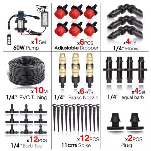 Garden 1/4"Adjustable brass Automatic Misting Cooling Irrigation Kit 60WSelf-Priming Pressurize Water Pump Drip Watering System