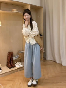 Bộ Quần Áo Xuân Rộng Rãi Họa Tiết Hoa Phong Cách Nữ Thời Trang Quần Ống Rộng Dài Cotton Dài Tay Cổ Tròn