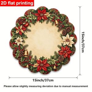 VIKAMA Poinsettia Pinecone Handbell Berry Wreath Placemat Beige Background Wavy Edge Red White Blossom Gold Christmas Table Mat