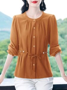 Elegant Cotton Linen Shirt Womens Long Sleeve Waist-Cinching Top Korean Style Commute Fashion Mommy Shirt Spring Autumn