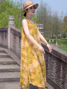 Váy lanh trung niên nữ đẹp V18b Mihi - Đầm suông thời trang mùa hè qua gối giá rẻ Bigsize váy lanh sát nách trung niên