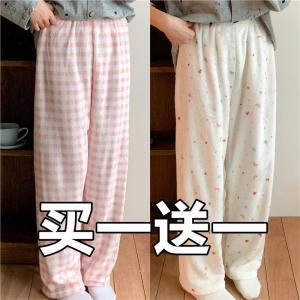 กางเกงนอนผ้าขนแกะคอรัลหนา อบอุ่น กางเกงนอนผ้าฟลานเนล สำหรับคู่รัก แฟชั่นฤดูใบไม้ร่วง/ฤดูหนาว กางเกงขายาวลำลองสำหรับผู้ชายและผู้หญิง