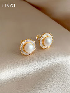 Elegant Pearl Stud Earrings Womens Unique Design Full Zircon Fashionable Jewelry Ear Jewelry Korean Style Winter New Arrival