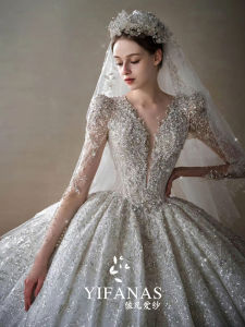 French Heavy Work Wedding Dress Princess Style Retro Fashion Bridesmaid Gown with Belt And Sequins High Waist Long Train
