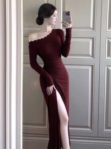 SHANGSHA | Autumn Luxurious Elegant Womens Off-Shoulder Lace Waist-Cinching Dress