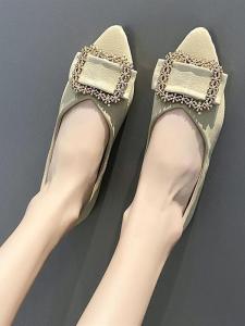 Spring 2025 Womens Flat Heel Work Shoes Square Buckle Low Cut Pointed Toe Large Size Soft Bottom Bean Shoes Fashionable Casual Footwear