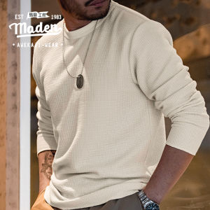 Maden Áo Thun Cổ Tròn Bánh quế Phong Cách Thương hiệu 2025 mùa thu mới cho nam cho thanh thiếu niên Nhật Bản Retro 300g Áo len ba kim bé trai dài tay áo mỏng