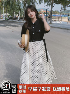 French Style Patchwork Polka Dot Shirt Dress Women Summer 2025 New Design Long Dress Elegant Atmosphere Korean Version Button Detail