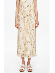 New Chinese Style Full Peony Print A-Line Pleated Skirt