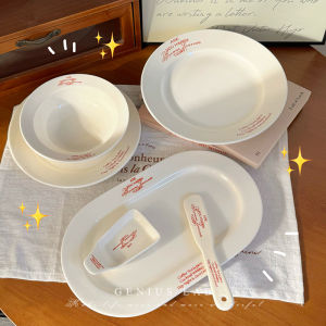Korean Style Ceramic Red Letter Salad Bowl Plate Butter Knife Dip Plate Coffee Cup Oval Fish Plate Handmade New Bone China