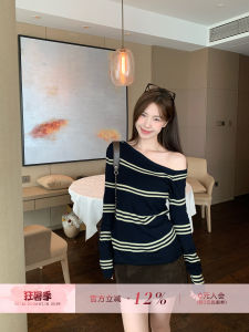 Striped One-Shoulder Long Sleeve Fitted Knit Sweater