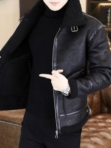 HENGYUANXIANG | Mens Winter Fashion Urban Style Lamb Fur Collar Jacket Thickened Fleece Lined Integrated Leather And Fur Coat Casual Zipper