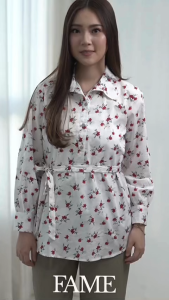 FAME | 9211912 | Belted Floral Blouse | Broken White | Blus Wanita Lengan Panjang Motif Bunga