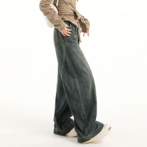 QIAOMIDUO | Quần Jeans Dáng Rộng Cao Cổ Giảm Béo Màu Xanh Đậm