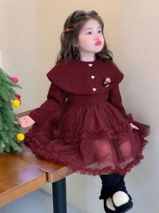 Thickened Bear Shoulder Christmas Princess Skirt for Little Girls Autumn Winter New Arrival Cute Style Long Sleeve Cake Skirt