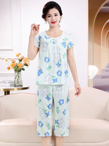 Loose Cotton Silk Sleepwear Short Sleeve Seven-Piece Pants Home Clothes Set for Middle-Aged Women Summer Comfortable Pyjamas