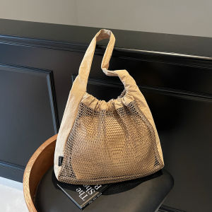 Trendy Large Capacity Hollow out Tote Bag Womens Shoulder Bag Commuter Bag Soft Polyester Lining Single Strap Pure Color