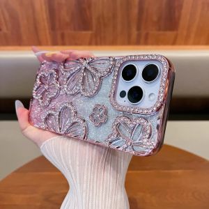 3D Diamond Flowers Gradient Glitter Phone Case For iPhone 16 15 14 13 12 11 Pro Max 16Plus 11Plating Shockproof TPU Soft Cover