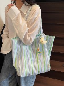 Summer  Double-Sided Dopaamine Stripe Canvas Shoulder Bag Womens Sweet Girl Commuter Tote Bag Large Capacity Casual Handbag