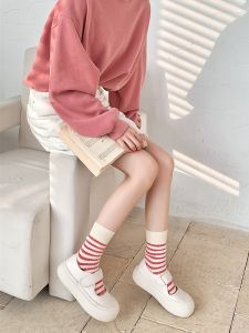 Womens Mid-Calf Pure Cotton Socks Thickened Combed Cotton Solid Color Japanese Style Stripe Pattern Trendy Pink Versatile Long Socks