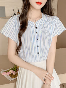 Áo Sơ Mi Nữ Tay Ngắn Họa Tiết Sọc in Họa Tiết Mùa Hè Phong Cách Hàn Quốc Thiết Kế Độc Đáo Đa Năng Áo Sơ Mi Cổ Tròn Dáng Rộng