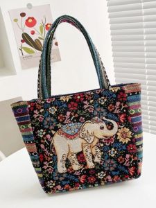 Embroidered Canvas Tote Bag Womens Travel Shopping Shoulder Bag Floral Elephant Versatile Handbag Korean Style Leisure Bag