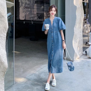 NOVA quality⭐ Hong Kong vintage chic denim dress women summer thin high-grade sense of loose and thin temperament V-neck long skirt