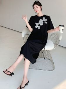 Loose plus Size T-Shirt Dress Womens Mid-Length Slit Floral 3D Summer New Style Korean Version Polyester Fiber A-Line Skirt