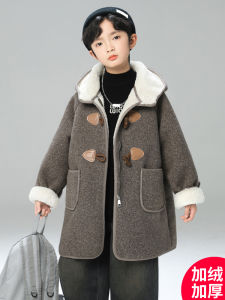 Boys Winter Thickened Fleece Lined Woolen Coat Autumn Winter Style Korean Version Cotton Blend Fabric Hooded Zipper Closure