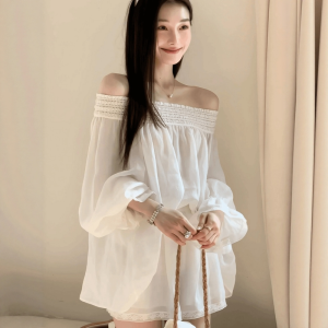 VKSOD | Hebe Style French One Shoulder White Long Sleeve Shirt Womens Summer Slimming Shorts Two Piece Set Elegant Classy Casual