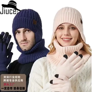 3Pcs/set Beanie Hat Scarf Warm Knitted Touch Screen Gloves Winter Woolen Outdoor Soft Fleece Lining Scarves for Men