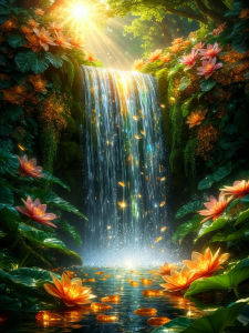 Huacan Diamond Painting Waterfall lotus Diamond Mosaic Landsacape Flower Full Picture Of Rhinestones