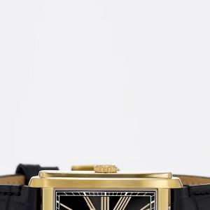 Fossil Mens Carraway Analog Watch ( FS6091 ) - Quartz Gold Case Rectangle Dial 22 MM Black Leather Band