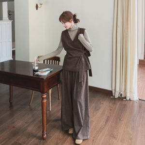 Retro High-End Commute Set Womens Wide Leg Pants Three-Piece Suit Autumn New Style Inner Vest Fashionable Workwear Ensemble