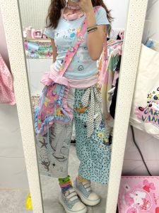 American Dopaamine Color Block Printed Casual Seven-Foot Pants Womens Loose Wide Leg Medium-Length Trousers Spring Summer New Design