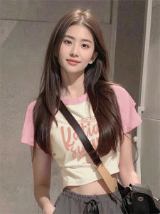 American-Style Sweet and Spicy Color Matching Raglan Short Sleeve T-Shirt Womens Summer Silm Slim Looking This Years Popular Crop-Top Short Top