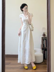 Váy Dài Xếp Ly Thêu Cổ Điển Kiểu Pháp Cho Nữ Mùa Hè 2025 Váy Chữ a Cạp Cao Dáng Chữ a Váy Chữ a Cạp Cao Váy Chữ a