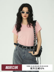 Omont Egg Tart Home Short Shoulder T-Shirt Women Summer New Vintage round Neck Basic Short Sleeve Slim Fit Top Cotton Blend