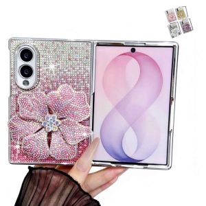 Rhinestone Gradient Pink Flower Phone Case For Samsung Galaxy Z Fold 8 Ultra 8/7/6 3D Bling Crystal Floral Protective Cover Shockproof Hard Casing For Girl Women