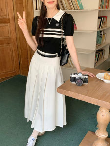 Váy Chữ a Cạp Cao Màu Trắng Thanh Lịch Cho Nữ Mùa Thu Đông Váy Midi Xếp Ly Dài Cho Nữ Váy Chữ a Xếp Ly