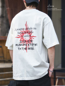 Washed Cotton T-Shirt Mens Summer Loose Fit Printed Half Sleeve Heavyweight American Streetwear Vintage Style round Neck