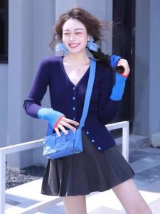 HUOLISI | Blue V-neck Patchwork Knit Cardigan Autumn Winter Short Fit Innerwear