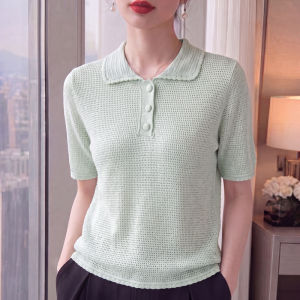 YUEXINYIRONG | Elegant Breathable Hollow Out Polo Neck Cotton Linen T-Shirt