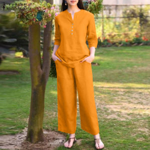 ZANZEA Womens Casual Loose Sets V-Neck 3/4 Sleeve Top Elastic Waist Straight Pants 2PCS Suits #15