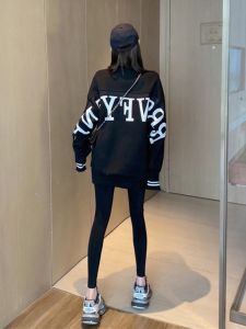 Trendy Black Fleece Lined Loose Fit Womens Sweatshirt Thin Winter round Neck Long Sleeve Sweet Style mid Length Cotton Top