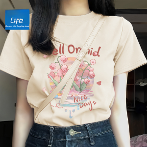 Jeanswest Life Pure Cotton Short Sleeve Womens T-shirt Summer New Style Loose Top Apricot Color Korean Style Sweet School Style