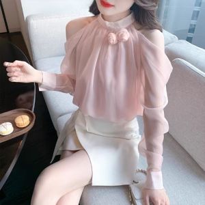 BaKooSen Spring 2024 Shoulder Bared Long Sleeve Shirt Womens Stand Collar Versatile Slimming Elegant Top Fashionable Accessory