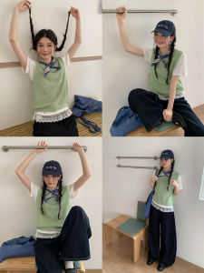 Green Round Neck Knit Vest Spring New Style Korean